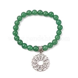 Perles d'aventurine vert naturel Bracelets de breloque, avec accessoire en alliage, teinte, platine, fleur, 7-5/8 pouce (19.5 cm), 8mm