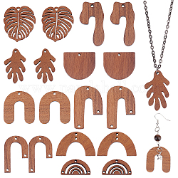 Pandahall elite bricolage fabrication de bijoux kits de recherche, y compris 18pcs 9 composants de lustre en bois de noyer naturel de style liens et pendentifs, demi-rond & feuille & canne & arc, couleur mixte, 13~39x18~33.5x2~2.5mm, Trou: 1.5~2mm, 2 pièces / style