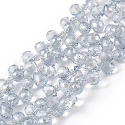 Transparentes perles de verre de galvanoplastie brins, facette, larme percée en haut, perle plaquée lustre, bleu acier clair, 8x6~6.5mm, Trou: 0.8mm, Environ 98~100 pcs/chapelet, 18.90~26.77 pouce (48~68 cm)