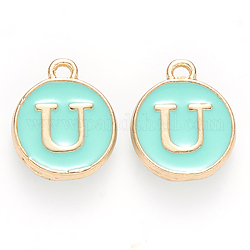 Golden Plated Alloy Enamel Charms, Cadmium Free & Lead Free, Enamelled Sequins, Flat Round with Letter, Turquoise, Letter.U, 14x12x2mm, Hole: 1.5mm