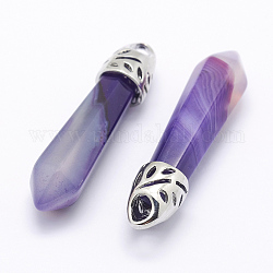 Dyed Bullet Natural Agate Pendants, with Platinum Tone Alloy Findings, 33~40x8~10mm, Hole: 3x2mm