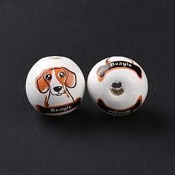 Perles européennes en bois imprimées, Perles avec un grand trou   , rond avec motif chien beagle, orange, 15.5~16x14.5~15mm, Trou: 4.6mm