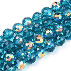 Transparentes perles de verre de galvanoplastie brins, facette, demi couleur ab plaqué, ronde, dark cyan, 8x7~7.5mm, Trou: 1.0mm, environ 71~72 pcs / brin, 20.20~21.85 pouce (51.3~55.5 cm)