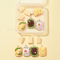 14Pcs 7 Styles Opaque Resin Pendants, with Platinum Plated Iron Loops, Imitation Food, Cheese & Toast Slices, Mixed Color, 20~18x10~18.5x5~10.5mm, Hole: 2mm, 2pcs/style