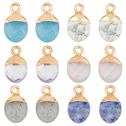 SUPERFINDINGS 12Pcs 6 Styles Electroplated Natural & Synthetic Mixed Gemstone Faceted Oval Charms, with Golden Plated Iron Loops, Mixed Dyed and Undyed, 14~15x8x5~5.5mm, Hole: 1.8mm, 2pcs/style