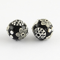 Perles rondes d'indonésie manuelles, avec de l'argent antique noyaux en alliage de couleur métallique, noir, 14x14mm, Trou: 1.5mm