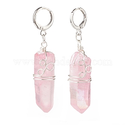 Natürliche Quarz-Kristall-Nugget-Kugelform-Ohrringe, platinierter Messingdrahtwickelschmuck für Frauen, rosa, 46~55 mm, Stift: 0.8 mm