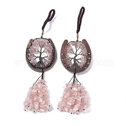Décoration de pendentifs arbre de vie en copeaux de quartz rose naturel, cheval en laiton shose pompon gemmes ornements suspendus, 220mm, pendentif: 170x59x7 mm