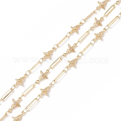 Clear Cubic Zirconia Flower Link Chains, with Brass Paperclip Chains, Soldered, with Spools, Cadmium Free & Lead Free, Real 14K Gold Plated, Bar: 9.5x2.5x0.6mm, Flower: 11.5x7x2mm