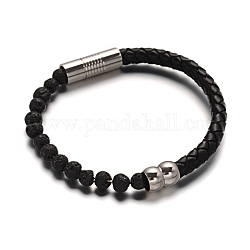 Bracelets de cordon en cuir, avec des perles de pierre de lave et 304 fermoir magnétique en acier inoxydable, pierre de lave, 51x63mm