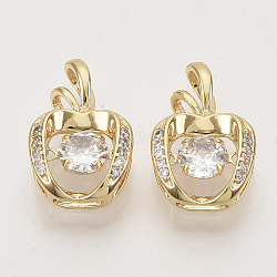 Brass Micro Pave Clear Cubic Zirconia Pendants, Nickel Free, Apple, Real 18K Gold Plated, 16x10.5x5mm, Hole: 2.5x4.5mm