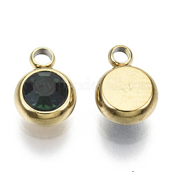 Vacuum Plating 201 Stainless Steel Rhinestone Charms, Birthstone Charms, Flat Round, Real 18K Gold Plated, Emerald, 8.5x6x3mm, Hole: 1.5mm