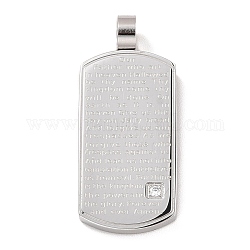 304 Stainless Steel Pendants, with Clear Micro Pave Cubic Zirconia, Rectangle with Word, Stainless Steel Color, 36x16x6mm, Hole: 5mm