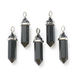 Pendentifs en obsidienne naturelle, avec les accessoires en laiton de tonalité de platine, balle, 39.5x12x11.5mm, Trou: 4.5x2.8mm