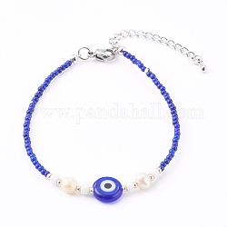 Braccialetti con perline di semi di vetro, con perle di perle naturali e perline a lume malocchio, blu, 7-1/8 pollice (18 cm)