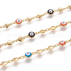 Handmade Brass Link Chains, with Enamel and Spool, Soldered, Long-Lasting Plated, Flat Round with Evil Eye & Star,Colorful, Real 18K Gold Plated, 11x6.5x4mm and 10x5.5x2mm, about 32.8 Feet(10m)/roll