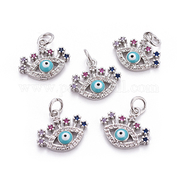 Brass Micro Pave Cubic Zirconia Charms, with Enamel and Jump Rings, Evil Eye, Colorful, Platinum, 13x15x3.5mm, Hole: 3mm