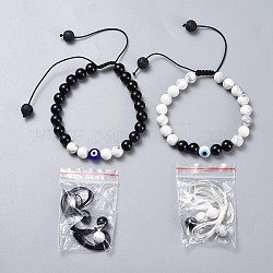 Ensembles réglables de bracelets de perles tressés de fil de nylon, avec chalumeau à la main des perles de mauvais œil, perles de pierres précieuses naturelles et cordon en caoutchouc tubulaire en pvc, 2-1/8 pouce ~ 3-3/4 pouces (5.4~9.5 cm), 2 pièces / kit
