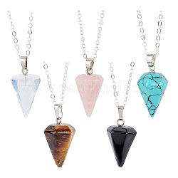 AHANDMAKER 5 Pcs Crystal Pendulums, Wiccan Pointed Gemstone Crystal Chakra Necklace for Divination Dowsing, 6 Facted Opalite Obsidian Tiger Eye Rose Quartz Cone Stones Pendant for Women Men Gift