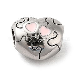 304 Edelstahl-Emaille European Beads, Großloch perlen, Puzzle Herz, Antik Silber Farbe, 10.5x12.5x8 mm, Bohrung: 4 mm