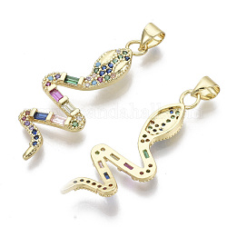 Brass Micro Pave Cubic Zirconia Pendants, with Brass Snap On Bails, Nickel Free, Snake, Colorful, Real 16K Gold Plated, 35x13x3mm, Hole: 4.5x3mm