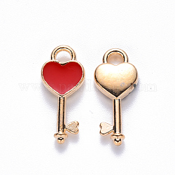 Colgantes de esmalte de aleación, llave del corazón, la luz de oro, rojo, 16x7x2.5mm, agujero: 1.8 mm