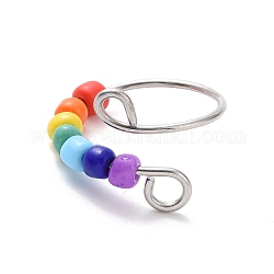 Стеклянные бусины цвета радуги, вращающееся открытое кольцо-манжета, 201 проволочное кольцо из нержавеющей стали для снятия стресса, цвет нержавеющей стали, размер США 8 3/4 (18.7 мм)