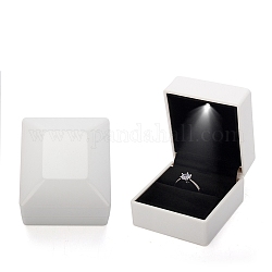 Rechteckige ringförmige Aufbewahrungsboxen aus Kunststoff, Geschenketui für Schmuckringe mit Samtinnenseite und LED-Licht, weiß, 5.9x6.4x5 cm