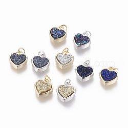 Ciondoli di resina druzy, con accessori in ottone, cuore, colore misto, 14x12x4~6mm, Foro: 3 mm