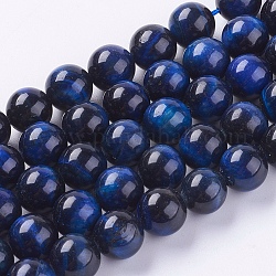 Chapelets de perles d'œil de tigre naturel, teinte, ronde, bleu moyen, 10mm, Trou: 1mm, Environ 38 pcs/chapelet, 15 pouce