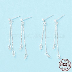 925 Sterling Silver Stud Earring Findings, Long Chain Tassel with Double Peg Bails, for Half Drilled Beads, Silver, 55.5mm, Pin: 0.7mm and 0.6mm(for half drilled beads)