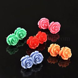 Fashion Ear Stud, with Resin Flowers, Brass Components and Plastic Ear Nuts, Mixed Color, 16mm