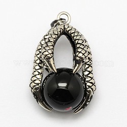 Vintage Natural Bezel Black Agate Pendants, with Antique Silver Plated Alloy Findings, Animal Claw with Round Beads, 37x25x16mm, Hole: 5x3mm