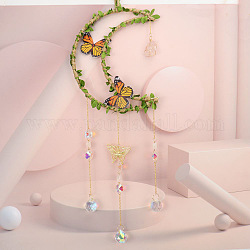 Blattschmetterling, Hanfseil umwickelt, Mond und natürliche Rosenquarz-Nuggets, hängende Ornamente, Glastropfen-Quasten-Sonnenfänger für die Dekoration zu Hause und im Freien, 500 mm