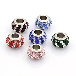 Perles puropéennes avec strass en argile polymère en 304 acier inoxydable, perles de rondelle avec grand trou , couleur mixte, 11x7.5mm, Trou: 5mm
