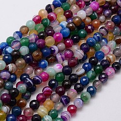 Natural Striped Agate/Banded Agate Beads Strands, Faceted, Dyed, Round, Mixed Color, 6mm, Hole: 1mm