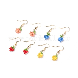 4 Pairs 4 Style Glass Seed Braided Flower Dangle Earrings, Brass Wire Wrap Jewelry for Women, Mixed Color, 31mm, Pin: 0.5mm, 1 Pair/style