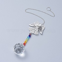 Cristal lustre suncatchers prismes chakra pendentif suspendu, avec des chaînes de câble de fer, Perles en verre, pendentifs en verre strass et laiton, ange avec rond, clair, 350mm
