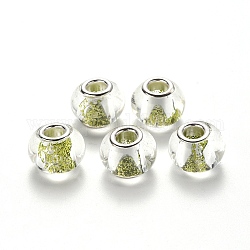 Perle di vetro trasparente europei, perline rondelle  con foro grande, con paillettes glitterate e doppi nuclei in ottone color platino, verde giallo, 14x10mm, Foro: 5 mm