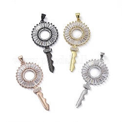 Brass Micro Pave Cubic Zirconia Pendants, Key, Clear, Mixed Color, 45x21.5x2mm, Hole: 4x4mm