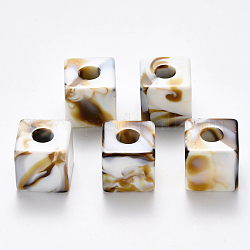 Perles en acrylique grand trou, style de pierres fines imitation, cube, floral blanc, 19x19mm, Trou: 7mm, environ 68 pcs/500 g