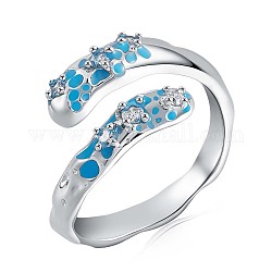 925 anello a polsino aperto in argento sterling placcato rodio con zirconi trasparenti, anello da dito smaltato blu cielo profondo per le donne, platino, misura degli stati uniti 5 1/4 (15.9mm)