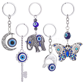 AHANDMAKER 20 Pcs Hamsa Hand Evil Eye Keychains, 5 Styles Fatima Palm Protection Charms Key Holder with Mixed Gemstone Bead 