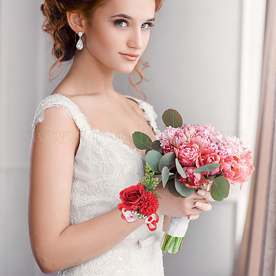 corsage de poignet en soie, avec imitation fleur en plastique, pour le  mariage, décorations de fête, rouge, 350mm
