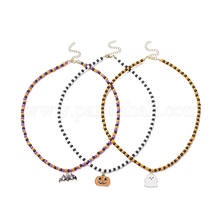 3 pièces 3 style alliage émail fantôme & citrouille & pendentif chauve-souris ensemble de colliers NJEW-TA00077-1