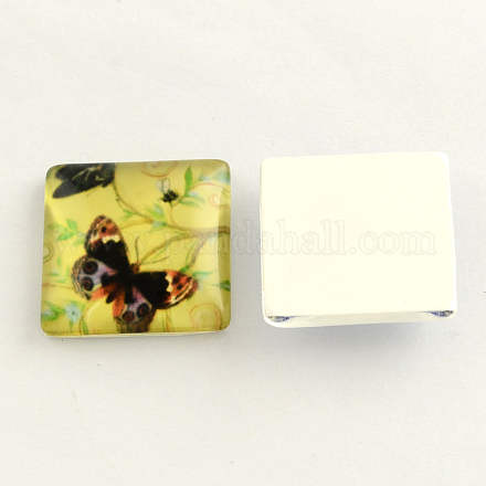 Cabochon quadrati con retro piatto in vetro con tema biologico naturale e vivace motivo a farfalla GGLA-S022-10mm-30S-1