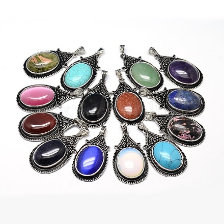 Oval Antique Silver Zinc Alloy Natural & Synthetic Mixed Stone Big Pendants G-F228-27-FF-1