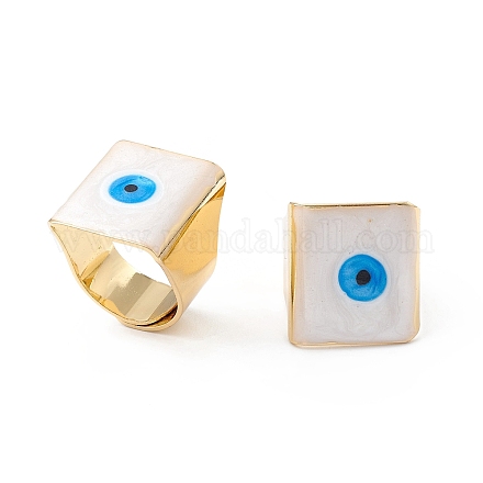 スクエアエナメル、ナザールボンジュウワイドバンド指輪  本物の 18K ゴールドメッキ真鍮調節可能なリング、女性、男性用  ホワイト  18.5mm  内径：17mm RJEW-A014-02G-02-1