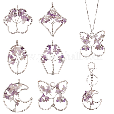 PandaHall Elite 6Pcs 6 Styles Natural Amethyst Copper Wire Wrapped Chip Big Pendants G-PH0002-16-1