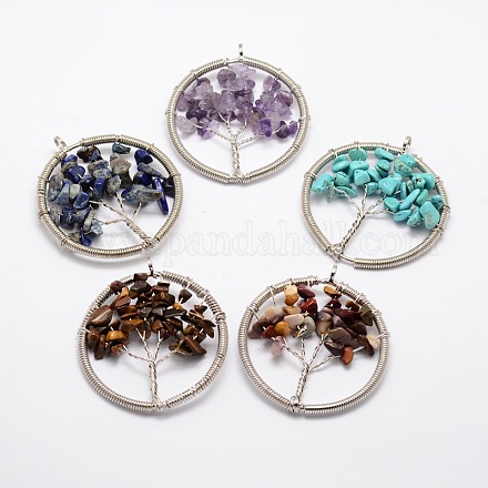 Tree of Life Natural & Synthetic Mixed Stone Bead Brass Wire Wrapped Big Pendants KK-L136-03-NR-1